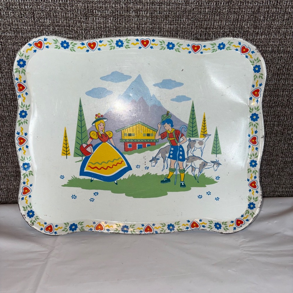Vintage Alpine Folk Art Kids Metal Serving Tray Chalet Lederhosen Scalloped Tin
